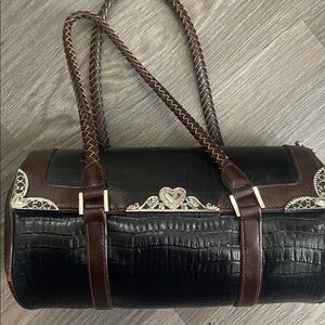 Vintage Brighton bag w/ black croc-embossed leather with silver floral detail